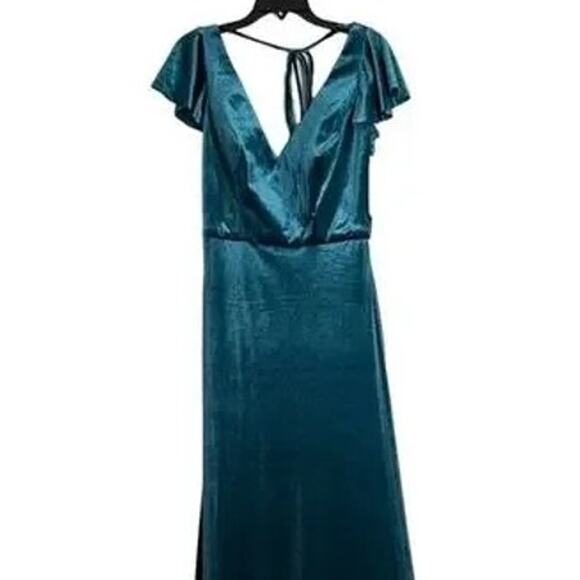NWT After Six Lux Velvet Flutter Sleeve V Neck Maxi Dress Pockets 6 Dutch Blue - Picture 3 of 15